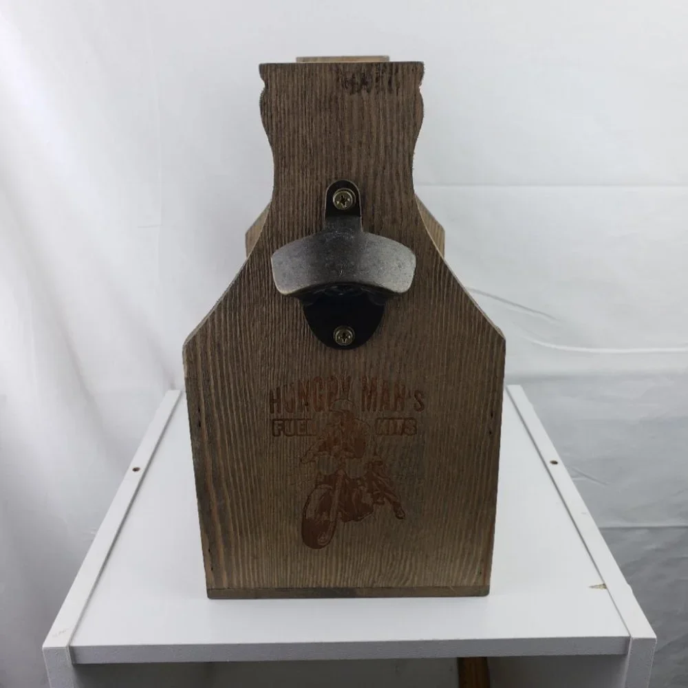 Wooden Hungry Mans Fuel Kits Divided Holder with Bottle Cap Opener